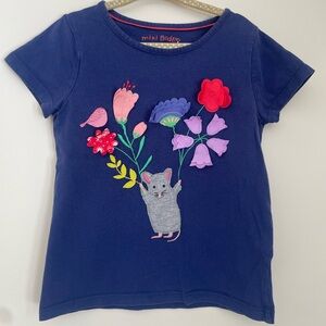Mini Boden Navy Tee with Mouse Holding Flowers